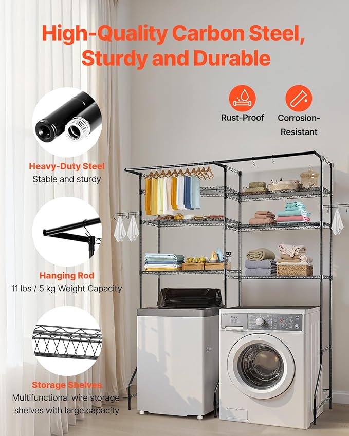 VEVOR Over Washer and Dryer Storage Shelves, 6 Tiers Laundry Room Drying Rack with Hanger Rod and Hooks, Two Rows Adjustable Washer Shelves Space Saver, for Laundry Room Storage & Organization, Black