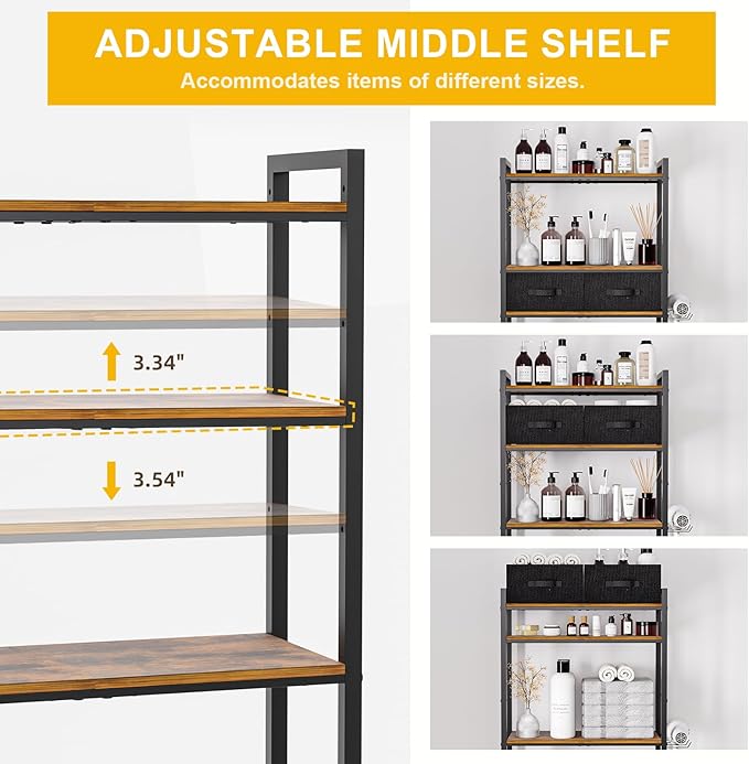 Over The Toilet Storage with Adjustable Wooden Shelves and 2 Fabric Drawers, 4-Tier Over Toilet Bathroom Organizer, Small Freestanding Storage Shelf for Toilet Paper, Towels, Toiletries