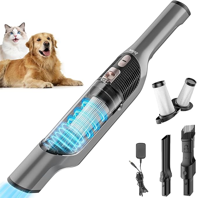 Zefiro Compact Powerful Cordless Handheld Vacuum, Rechargeable Portable Car Vacuum for Car & Pet Hair, 25000PA High Power Suction, XL Dust Cup, 2 Brushes & Filters, Long Runtime with Charger