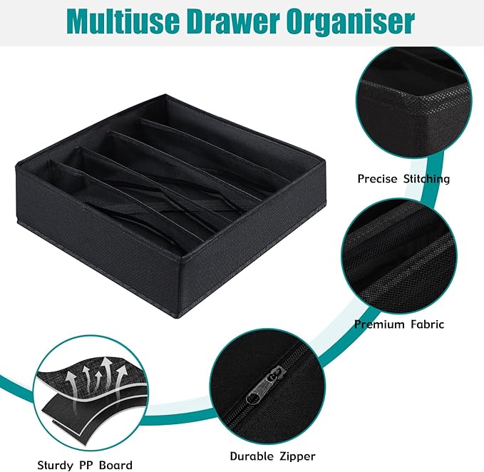 Drawer under Cabinet Clothes Organizer 5 Cell Foldable Storage Cubes Underwear Drawer Organizer Dividers Storage Boxes for Bra, Underwear（Black）