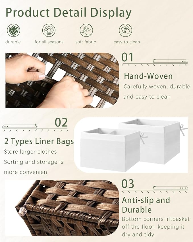 Storage Basket with Lid Rattan Woven Storage Baskets with 2 Separate Lids, 17.2 Gallon (65 L), 22 x 13 x 13.8 Inches,Foldable, 2 Removable Liner Bags Handles for Bedroom, Laundry Room Brown