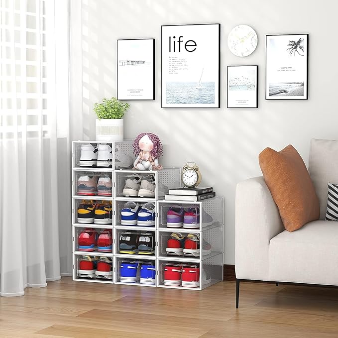 Seseno 12 Pack Shoe Organizer Storage Bins Clear Plastic Stackable Shoe Boxes for Closet, Space Saving Foldable Shoe Storage Case, Sneaker Storage Shoe Box Container