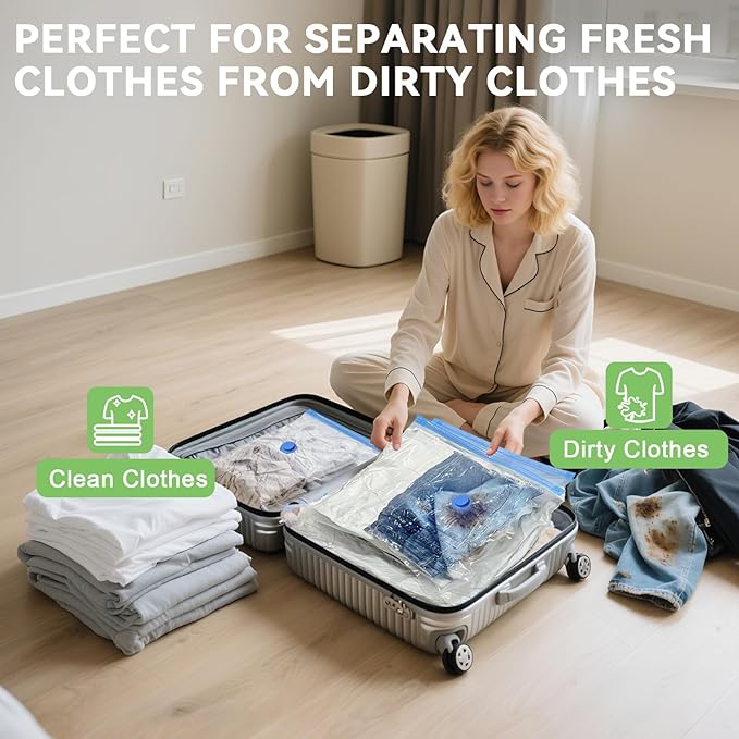 12 Pack Vacuum Seal Bags for Clothing Travel with -60000Pa USB Pump, Save 80% of Space for Clothes (12 Combo)