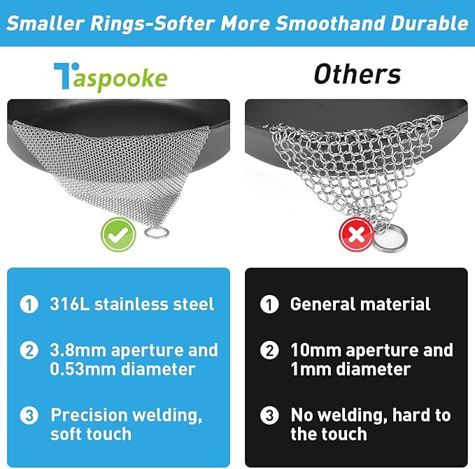 Cast Iron Cleaner and Chainmail Skillet Scrubber - 12''x12'' Upgraded 3.8mm Small Ring, 316L Stainless Steel Fine Rings - Durable Scraper for Skillets, Pans, Griddles & Containers