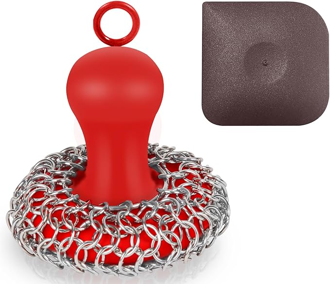 Cast Iron Cleaner Scrubber with Handle - Chain Mail Cast Iron Scrubber Brush-Chainmail Sponge Scrub Cleaning Tool to Clean Skillets, Pan,Griddle, Wok, Dutch Oven