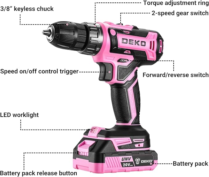 Power Drill Cordless: DEKOPRO'S Pink Cordless Drill 20V Electric Power Drill Set Tool for Women Drills with Battery and Charger 20 Volt Drills Driver Kit