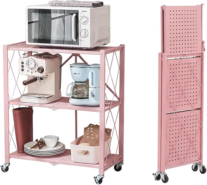 BRIAN & DANY 3-Tier Foldable Storage Shelves with Wheels, No Assembly Folding Shelf Metal Rack, Shelving Unit for Kitchen, Garage, Pink