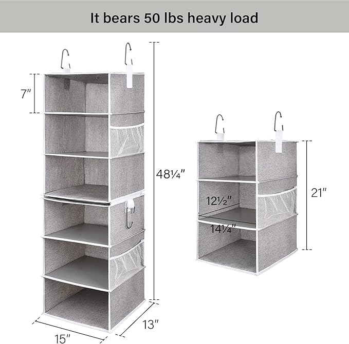 StorageWorks 6-Shelf Jumbo Closet Organizers, Two 3-Shelf Separable Hanging Shelves for Closet, 13" D x 15" W x 48 ¼"H，Gray