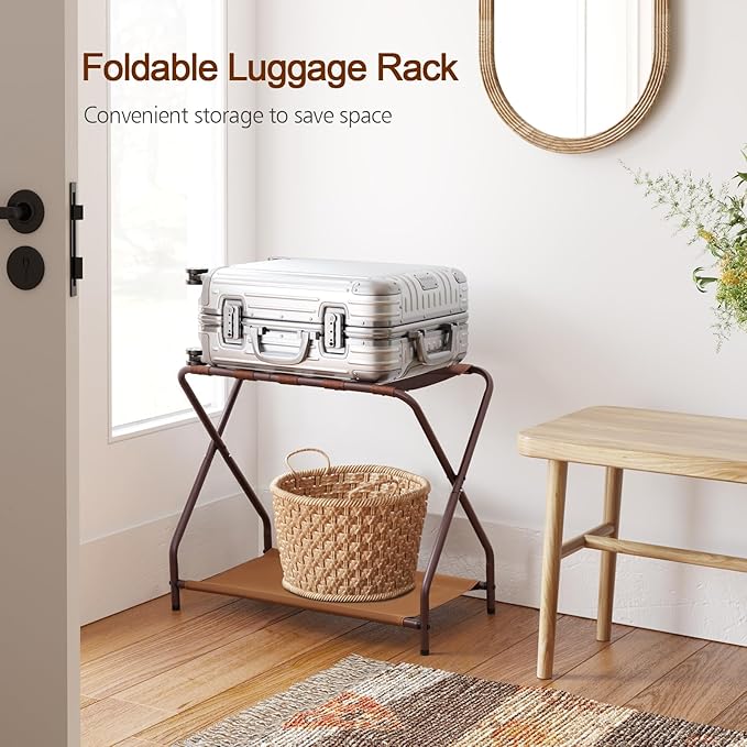 AMHANCIBLE Luggage Rack, Set of 2, Foldable Suitcase Stands for Guest Room, Metal Luggage Holder with Storage Shelf for Bedroom, Hotel, Easy Assemble, Bronz HLR02BZ