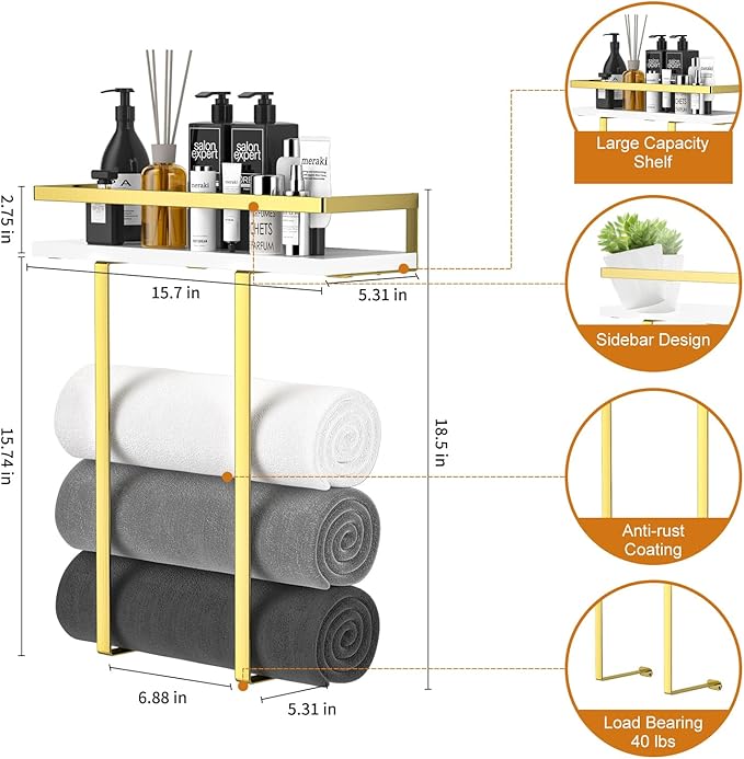 Towel Racks for Bathroom Wall Mounted, Metal Towel Holder with Wooden Shelf for Folding Large Towels, Towel Storage for Small Bathroom Organizer Decor or RV Camping,Golden