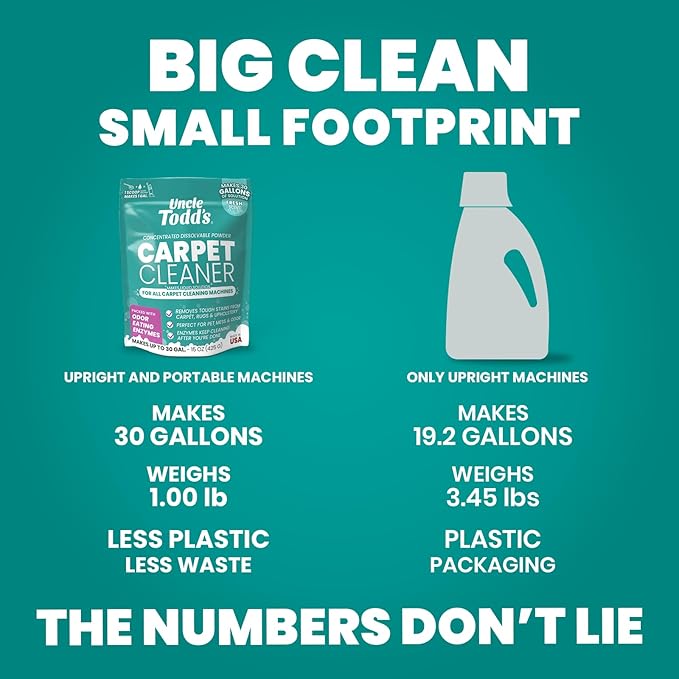 Uncle Todd's Carpet Cleaner Powder for Machines | Makes 30 Gallons of Carpet Cleaner Solution | Enzyme Formula Carpet Deodorizer | Removes Pet Odors & Stains | Safe for Carpets, Rugs & Upholstery