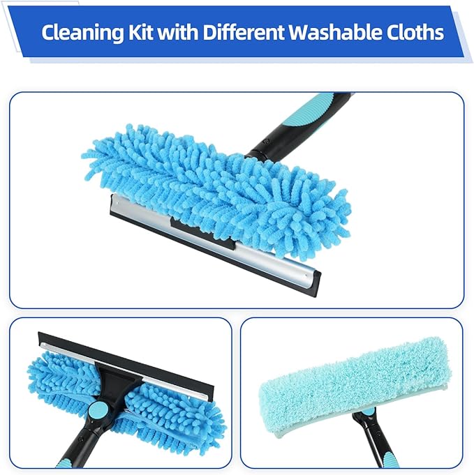65'' Window Washing Kit with Extension Pole, 2-in-1 Window Cleaning Kit with Scrubber and Rotating Head, Window Cleaner Tool for Shower Rooms, Glass, Floors, Tiles, Walls, Car Windshields