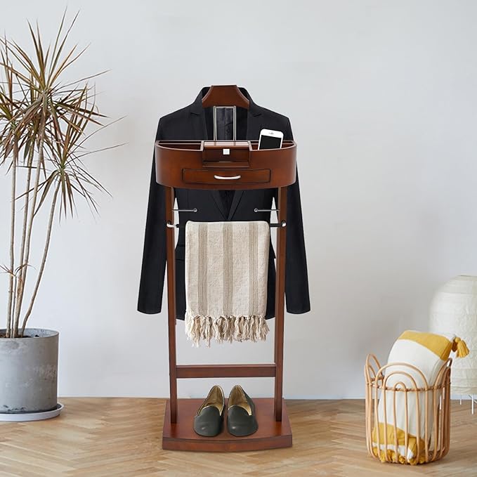 Suit Valet Stand Wood Valet Stand for Man, Wooden Clothing Valet Stand with Contour Hanger, Tray, Trouser Bar, Tie Bar and Base, Mens Valet Stand for Entryway Office Living Room (Brown)
