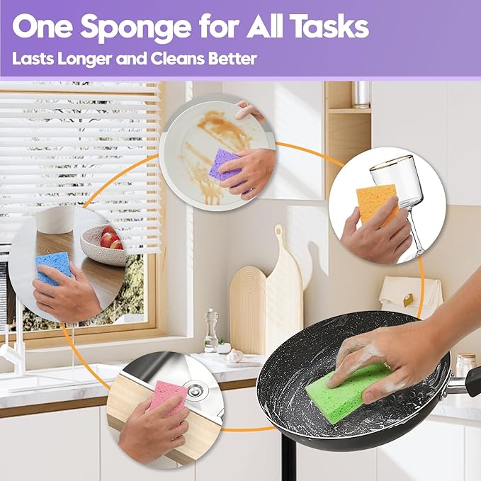 18 Pack Compressed Cellulose Sponges, 6 Color Assorted Kitchen Cleaning Sponges, Natural Wood Pulp, Scratch-Free, Durable & Reusable, Multipurpose Household & Dishwasher Safe