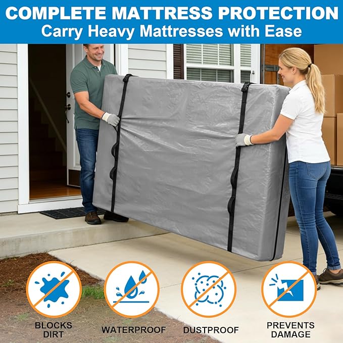 TICONN Mattress Bags for Moving, Heavy Duty Full Mattress Cover Storage Bag with Full-Around Handle and Adjustable Buckles (Gray, Full)
