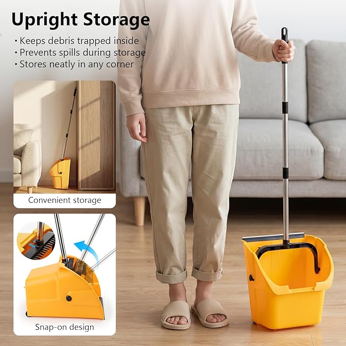 Jumbo Commercial Dustpan with Wheels & Comb Teeth - Heavy Duty Rolling Debris Pan - Long Handle Extra Large Upright Dust Pan for Industrial Warehouse Garage Restaurant Sidewalk Outdoor - Yellow