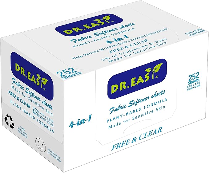 DR.EASY Dryer Sheets Plant Based Formula 252 Ct Fabric Softener sheets for Laundry Free & Clear Essential Oil Scented No Artificial Fragrances No Dyes Reduce Static & Wrinkles Help Repel Pet Hair