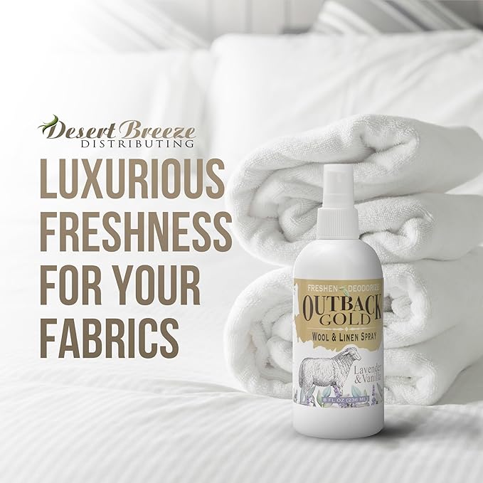 Outback Gold - Linen Spray & Fabric Freshener Spray, Natural Bed Spray for Wool & Linen, Lavender & Vanilla Scent, Essential Oils, Eco-Friendly Deodorizer for Home Fabrics, 8 Fl Oz