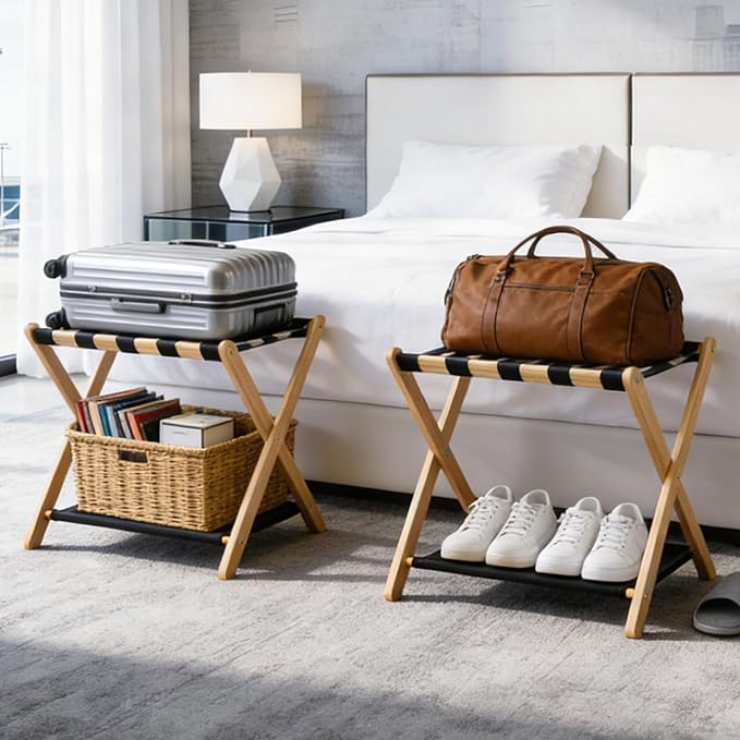 oakvivo Fully Assembled Luggage Racks Pack of 2, Bamboo Natural Foldable Luggage Rack for Guest Room, Suitcase Stand with Fabric Storage Shelf for Hotel, 5 Nylon Straps, 26.77" W x 16.93" D x 22.5" H