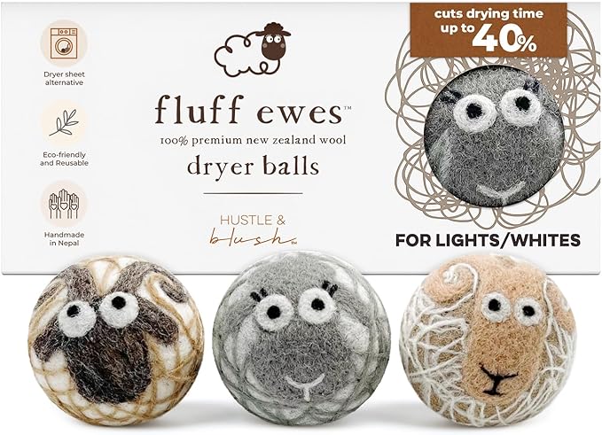 Hustle & Blush Fluff Ewes Wool Dryer Balls 3 Pack - Extra Large Lights Premium Hand Needled New Zealand Laundry Set, Reduces Drying Time, Static Control, Chemical Free Reusable for Essential Oils