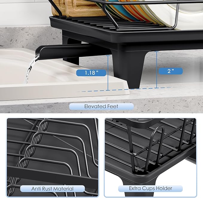 Urackify Compact Dish Drainer for Kitchen Counter - Expandable Large Capacity Drying Rack with Removable Cutlery Holder, Anti-Rust Plate Rack, Non-Slip Feet