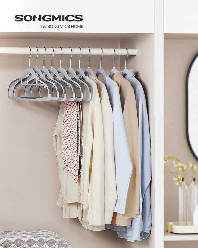 SONGMICS Pack of 50 Coat Hangers, Space-Saving Plastic Clothes Hangers, Non-Slip, 0.2 Inches Slim, 16.5 Inches Wide, 360° Swivel Silver Hook, Light Gray and Dark Gray UCRP20G50