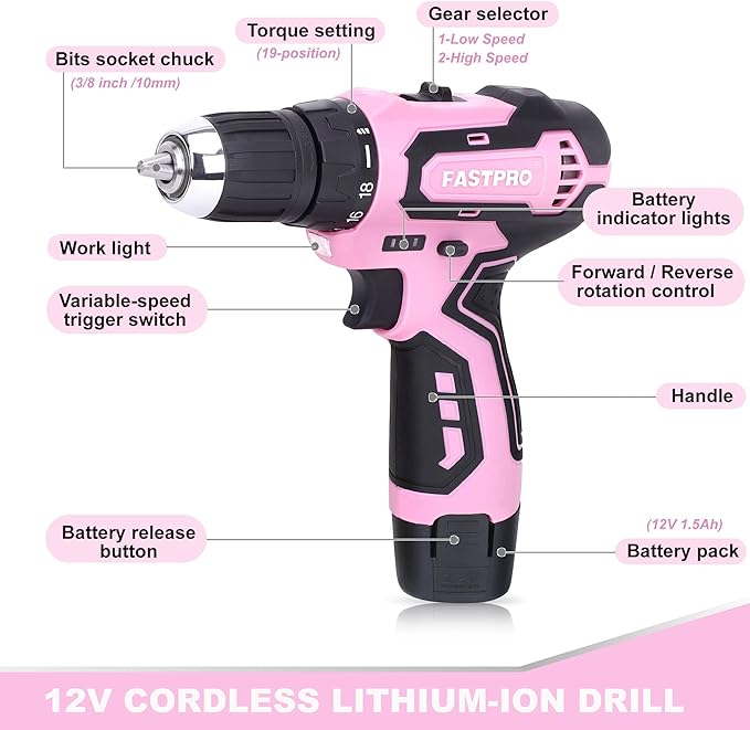FASTPRO 175-Piece 12V Pink Drill Set, Cordless Lithium-ion Driver and Tool Kit, House Repairing Tool with 12-Inch Storage Bag, For DIY, Home Maintenance