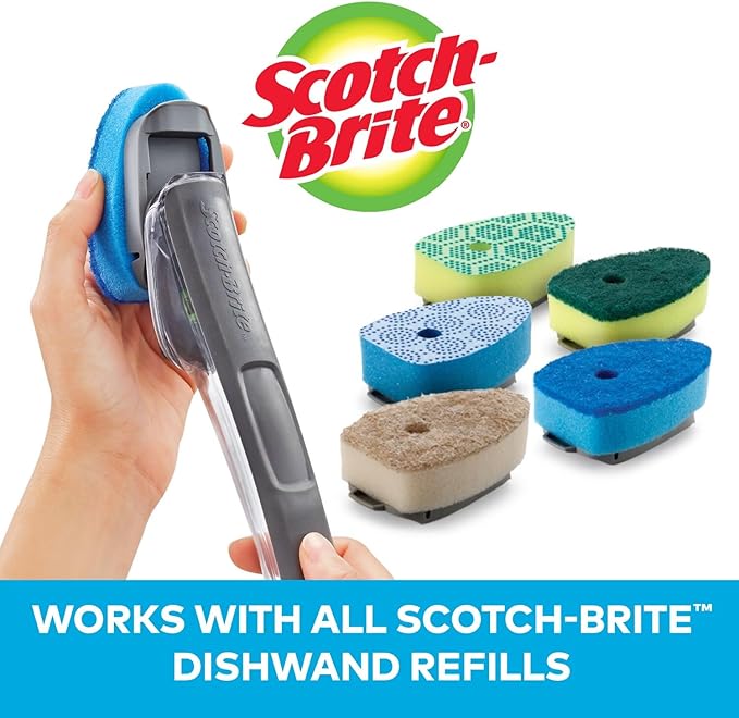 Scotch-Brite Advanced Soap Control Non-Scratch Dishwand Kit, 1 Dish Wand & 5 Sponge Refills, Prevents Soap from Leaking, Leak-Free Guarantee, Best for Nonstick Pots and Pans, Glass, Tubs, & Showers