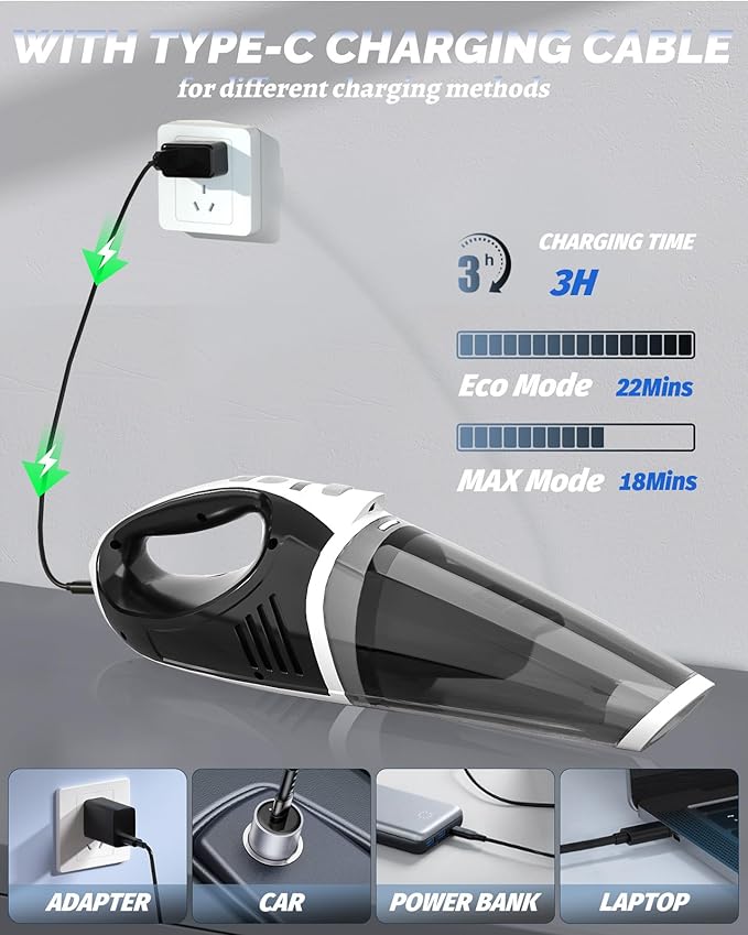 Handheld Vacuum Cordless, Car Vacuum Cleaner with Powerful Suction, 2 Modes Mini Hand Vacuum, Dry & Wet, LED Light, Portable Vacuum for Car Pet Hair, Home, Office, Keyboards White Sliver