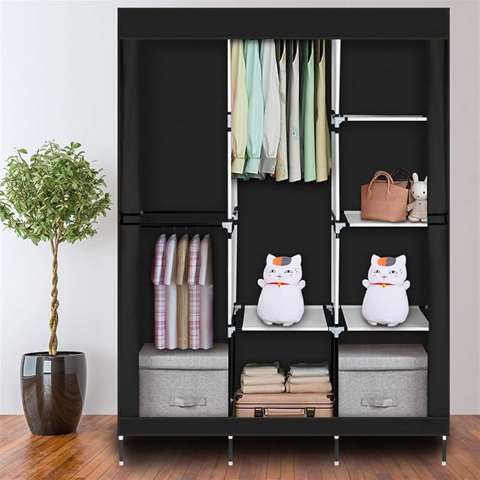 Portable Closet Wardrobe,71'' Closet Storage Organizer Rack with Shelves and Cover for Hanging Clothes, Non-Woven Fabric, Quick and Easy to Assembly (Black)