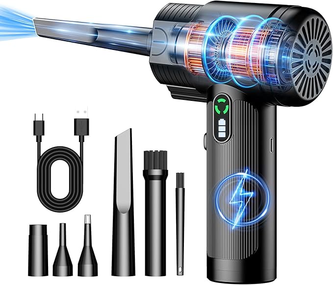 Compressed Air Duster: 130000RPM Electric Air Duster with LED Light Mini Air Blower Rechargeable Cordless Keyboard Cleaning Jet Dry Blower - Car, PC and Home Cleaning Kit Replaces Compressed Air Can