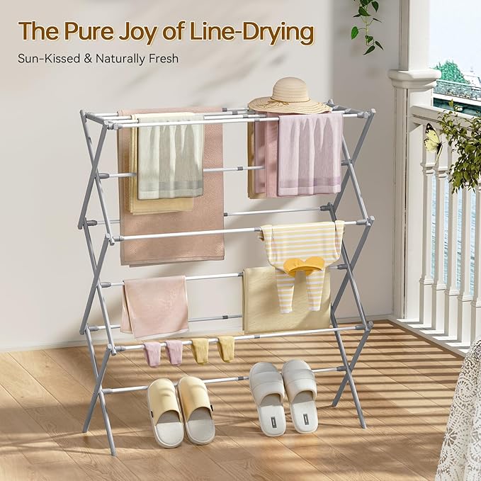 KINGBOARD Clothes Drying Rack, Collapsible Drying Rack Clothing with 11 Poles, 3-Tier Laundry Drying Rack, Small Clothes Drying Rack Foldable for Baby Clothes Sock Towel, 25lb Capacity, White & Grey