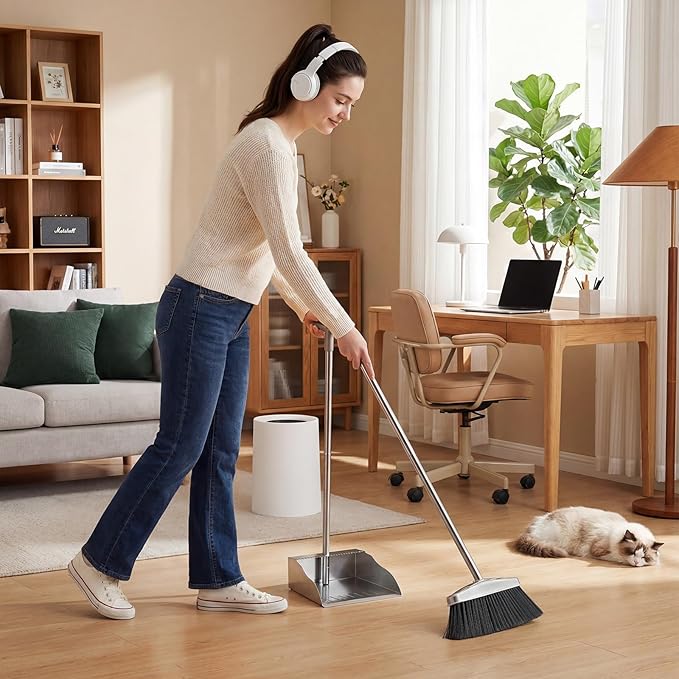 Metal Broom with Dustpan Combo Set-Long Handle Broom with Dustpan,Heavy Duty Standing Dust Pan & Soft Bristles Brooms,Indoor Outdoor Dust Pan Brooms for Home Office Lobby Floor