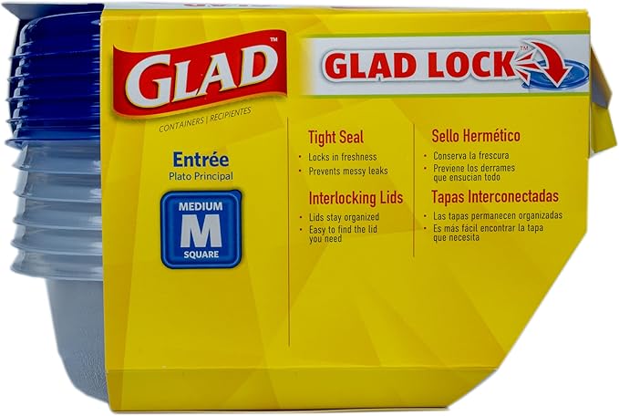 Glad GladWare Entree Food Storage Containers with Lids, Medium Square BPA Free Plastic for Meal Prep and Lunches, Lock Tight Seal, Microwave and Dishwasher Safe, 25 Oz, 5 Count - 2 Pack