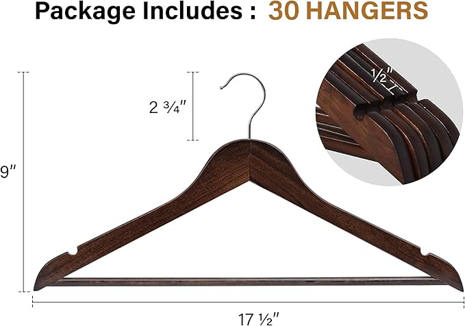 StorageWorks Wooden Hangers 30 Pack, Wood Coat Hangers for Closet, Heavy Duty Clothes Hangers for Suits, Shirts, Pants, Jackets, Walnut Color
