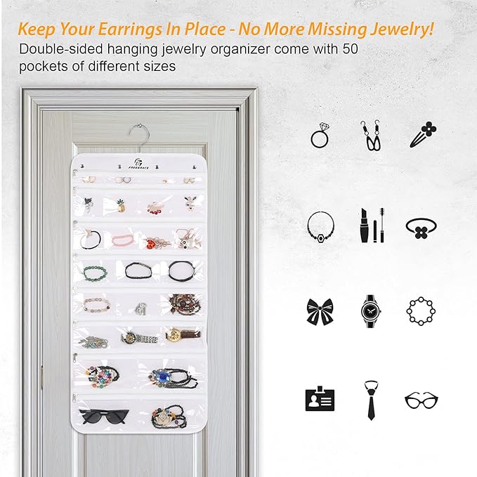 Freegrace Hanging Jewelry Organizer with Secure Zipper Closure - 360° Revolving Hanger, 25 Clear Pockets, 23 Necklace Hooks - Foldable Travel Storage & Closet Display (White)