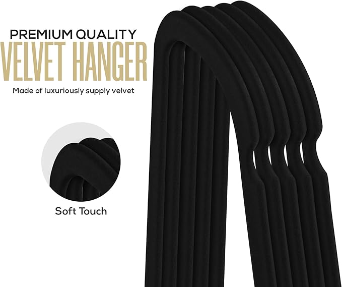 Utopia Home Premium Velvet Hangers 150 Pack - Non-Slip Clothes Hanger with Tie Bar - Black Hangers with 360 Degree Rotatable Hook - Heavy Duty Coat Hanger
