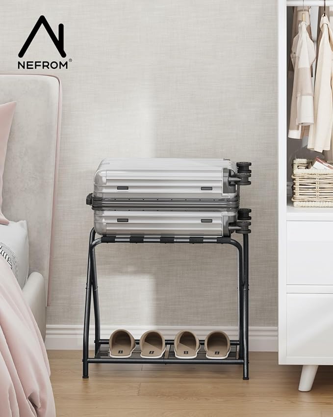 1-Piece Foldable Black Luggage Rack Stand with Storage Shelf – Heavy Duty Metal Suitcase Holder, 150 lbs Top, 50 lbs Bottom, Fits 20”-28” Luggage – Guest Room, Bedroom, Hotel LR-BK-1
