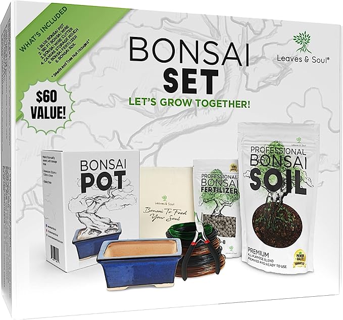Leaves and Soul Complete Bonsai Set - Small Blue Rectangle Bonsai Pot | 160ft of Bonsai Hobby Wire | Wire Cutter | Bonsai Soil | Bonsai Fertilizer | Storage Bag
