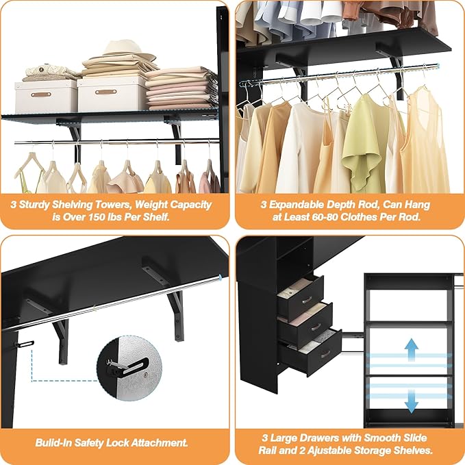 iSunirm 8FT Closet System, 96'' Closet Organizer System with 3 Hanging Rods, Wall Mount Bedroom Wardrobe with 3 Drawers Walk-in Closet, Adjustable Cloth Garment Rack from 5 to 8FT (Cut to Fit), Black