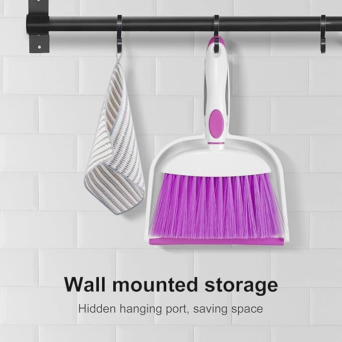 NACENA Small Dust Pan and Brush Set, Mini Broom and Dustpan Set Small Hand Broom and Brush Combo Dust Pan with Teeth for Home Cleaning Drawers Desktop Sofas and Outdoor, Purple