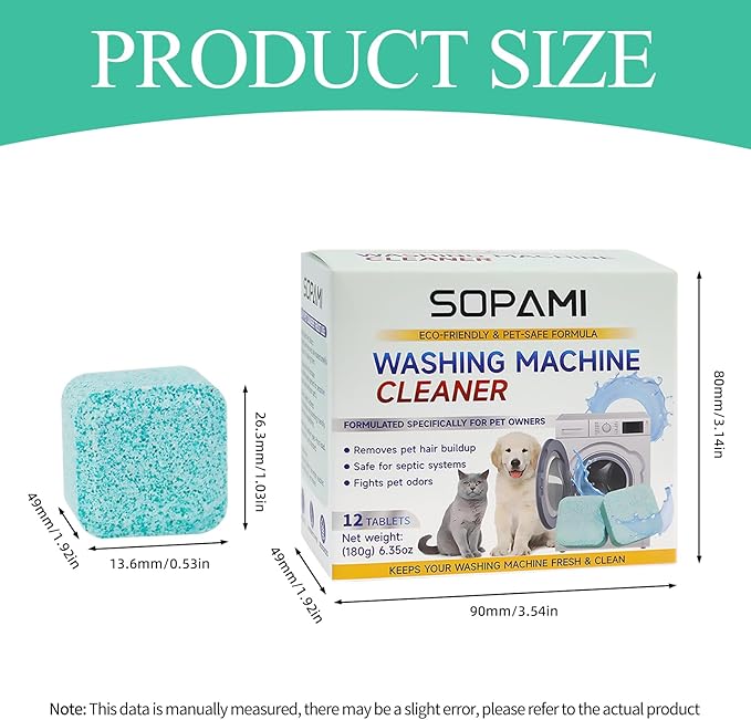 SOPAMI Washing Machine Cleaner Tablets 12 Pack, Deep Clean HE Front Load Top Load Washer, Remove Stubborn Pet Hair Odors, Septic Safe Pet Owner Solution washing machine tablets