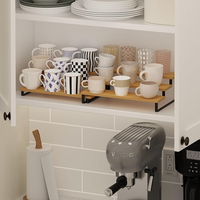 Furinno RAVEL Kitchen Countertop Organizer Set of 2, 3-Tier Counter Shelves, Kitchen Storage, Expandable, Spice Rack, for Pantry, Coffee Bar, Beech