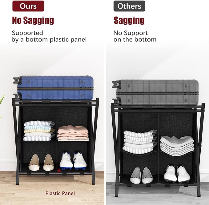 aboxoo 2 Pack Luggage Rack with storage, Guest Room Folding Suitcase Stands, Holds up to 120 lb, Space Saving Suitcase Holders for guest room, Bedroom Hotel, Black