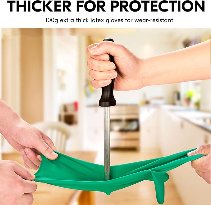Vgo... 3-Pairs Reusable Household Gloves, Rubber Dishwashing gloves, Extra Thickness, Long Sleeves, Kitchen Cleaning, Working, Painting, Gardening, Pet Care (Size M, Green, HH4601)