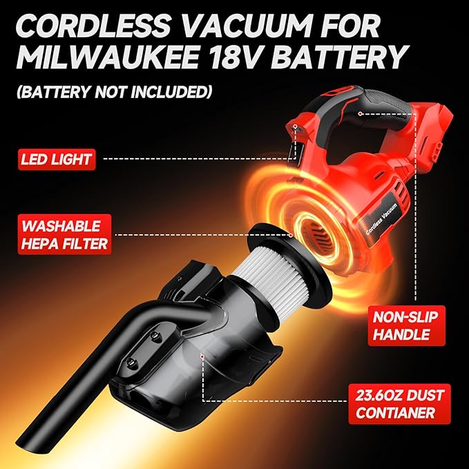 Cordless Vacuum for Milwaukee M18 Battery, Handheld Vacuum Cleaner for Home Pet Hair Car, 5-in-1 Portable Shop Vac with 2 Washable HEPA Filter, 4 Multi Nozzle (Battery Not Included)