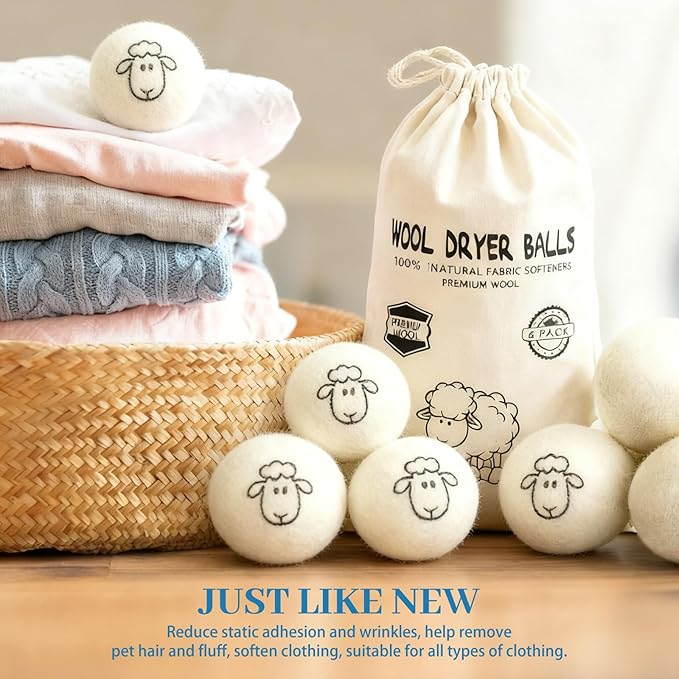 Wool Dryer Balls 6-Pack,Premium New Zealand Dryer Balls Laundry Reusable,100% Wool, Hand-Felted,Natural Fabric Softener, Reduces Clothing Wrinkles & Static Reduction,and Saves Drying Time