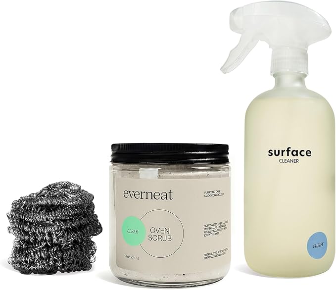Everneat Oven Cleaning Kit: Natural Oven Cleaner and Kitchen Cleaner | Heavy Duty | Grill, Cooktop, Rack | Fume-free| Non-toxic | Safe to Clean All Ovens (Purify) | Refillable Glass Jar & Bottle