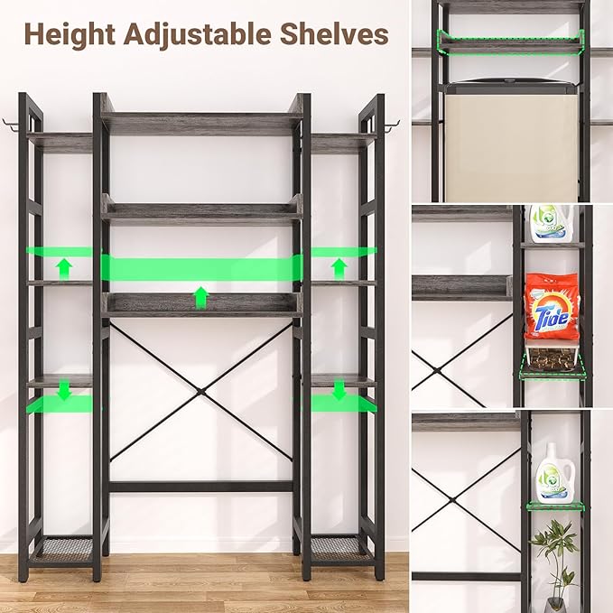 Besiost Over The Toilet Storage with 2 Drawers - 11 Tier Bathroom Organizer Freestanding Space Saver Storage Rack with Adjustable Shelf Above Toilet Stand with 4 Hooks for Restroom, Laundry, Grey Oak