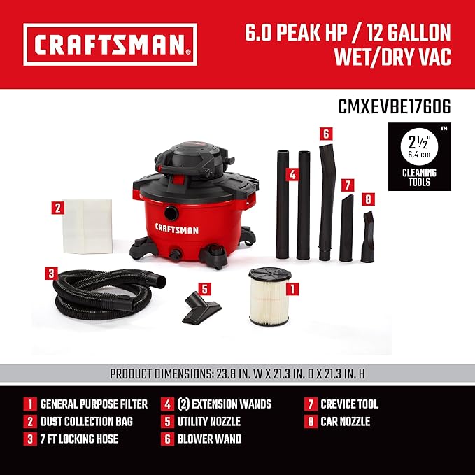 CRAFTSMAN CMXEVBE17606 12 Gallon 6.0 Peak HP Wet Dry Vac with Detachable Leaf Blower, Portable Shop Vacuum Wet and Dry with Filter, Dust Bag, Hose and Attachments for Garage, Outdoor Cleaning